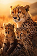 Poster - A mother cheetah with her two cubs. Perfect for wildlife enthusiasts and nature lovers.