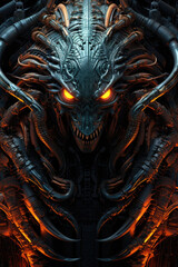 Poster - A detailed close-up of a demonic creature with intense glowing eyes. Perfect for horror-themed projects or Halloween designs.