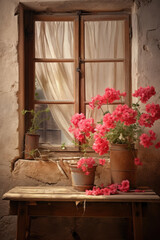Aufkleber - A wooden table with a variety of potted flowers is positioned next to a window. This versatile image can be used to add a touch of nature and beauty to various projects.