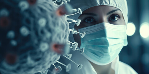 Sticker - A woman is pictured wearing a surgical mask and a face mask. This image can be used to illustrate concepts related to health, protection, safety, and the current global pandemic.