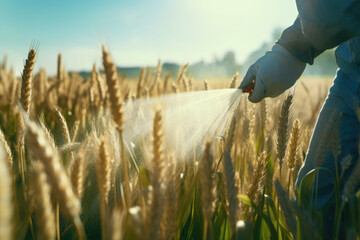 Aufkleber - A person is seen spraying water on a vast field of wheat. This image can be used to depict agricultural activities and the process of irrigation.