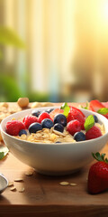 Poster - A bowl of cereal and fresh berries on a table. Perfect for breakfast or healthy eating concepts.