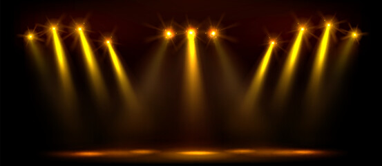 Poster - Gold abstract stage with spotlight for party show. Golden luxury award scene design template. Premium broadway backdrop or elegant disco studio. Light beam cinema or concert banner with royal flare