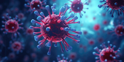 Aufkleber - A detailed view of a corona cell in shades of red and blue. This image can be used to depict scientific research, medical studies, or technology advancements.