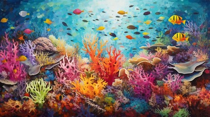 Wall Mural - An overhead shot of a coral reef, bursting with colors and teeming with marine life.