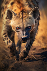 Poster - A hyena is captured in motion as it walks across a dirt field. This image can be used to depict wildlife, African savannah, or animal behavior.