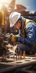 Poster - A man in a hard hat operating a machine. This image can be used to depict industrial work, construction, or engineering.