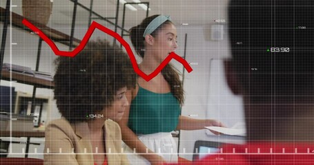 Poster - Animation of graph with changing numbers over diverse woman sharing ideas with coworkers in office
