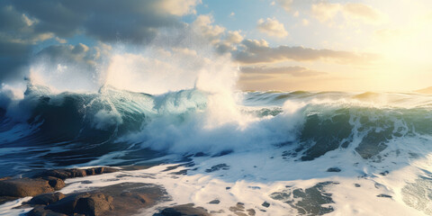 Poster - A powerful wave crashes over a rugged and rocky shore. This image captures the raw energy and force of the ocean. Perfect for illustrating the beauty and power of nature in any project.
