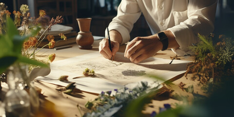 Poster - A man is seen drawing on a piece of paper. This image can be used to depict creativity, art, hobbies, or the concept of brainstorming ideas.