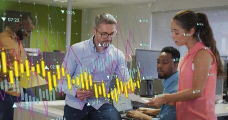 Wall Mural - Animation of graphs and changing numbers over diverse coworkers discussing reports in office