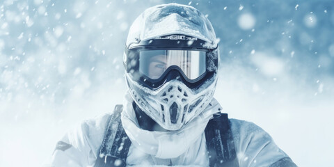 Poster - A person wearing a helmet and goggles in the snow. Suitable for winter sports and outdoor activities