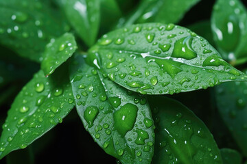 Canvas Print - A close up view of water droplets on a leaf. This image captures the natural beauty of water droplets on a green leaf. Perfect for nature-themed designs and environmental concepts