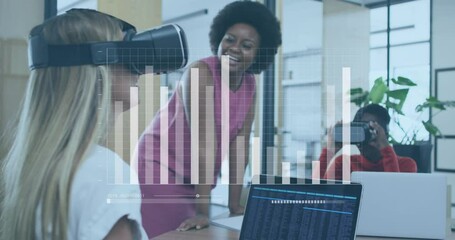 Poster - Animation of loading bars, diverse woman talking with coworker and gesturing while using vr headsets