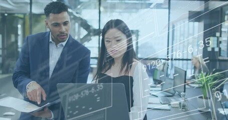 Poster - Animation of graphs, changing numbers, loading circles, square, diverse coworkers discussing reports