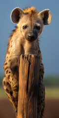 Wall Mural - A hyena standing confidently on top of a wooden post. This image can be used to depict the natural behavior and habitat of hyenas in the wild