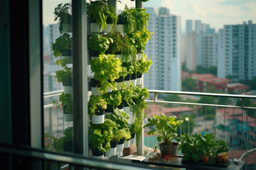 Poster - A balcony adorned with a variety of thriving plants. Perfect for adding a touch of greenery to any urban setting
