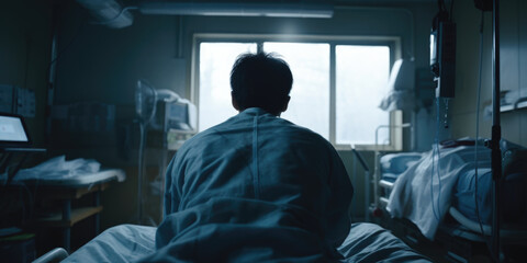 Poster - A man sitting in a hospital bed, gazing out of a window. This image can be used to depict hope, reflection, or the longing for freedom