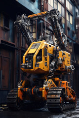 Poster - A yellow and black construction vehicle parked in front of a building. This image can be used to showcase construction projects, urban development, or the progress of infrastructure