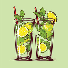 Wall Mural - Mojito in a glass. Alcohol or non-alcoholic cocktail. Classic cocktail with lime, mint and ice. Vector