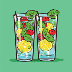 Wall Mural - Mojito in a glass. Alcohol or non-alcoholic cocktail. Classic cocktail with lime, mint and ice. Vector