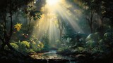 Fototapeta  - The dynamic interplay of light and shadow as the sun pierces through a dense rainforest canopy.