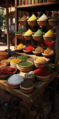 Poster - A collection of various spices neatly arranged on a wooden table. This image can be used to add flavor to culinary blogs, recipe books, or food-related articles