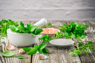 Poster - Thai basil and spicy herbs with Himalayan salt for healthy cooking