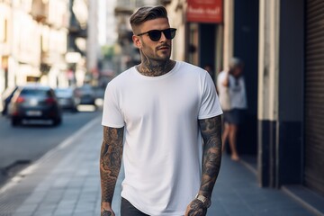 tatooed male latin model in a classic white cotton t-shirt and on a city street