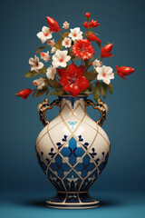 Poster - A picture of a blue and white vase filled with vibrant red and white flowers. Perfect for adding a pop of color to any space