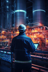 Poster - A man wearing a hard hat is seen looking at a tablet. This image can be used to represent construction, engineering, or technology industries