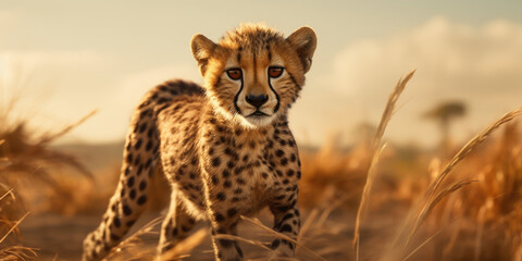 Poster - A cheetah standing in a field of tall grass. Perfect for wildlife enthusiasts or nature-themed designs