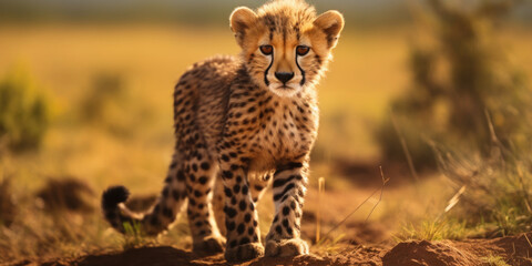Poster - A cheetah is captured in motion as it walks gracefully across a dirt field. This image can be used to depict the beauty and agility of wildlife in their natural habitat