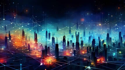 Wall Mural - abstract background of the network and electronic symbols, gravity-defying landscape, data visualization, vibrant skyline, realistic usage of light and color. generative AI