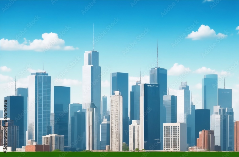 A beautiful skyline of a city with tall buildings and blue sky, perfect ...