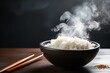 Generative AI : Japanese rice, Cook rice. Close up natural steaming cooked Japanese white rice in black bowl with chopstick on black background