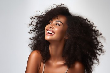 Generative AI : Beauty black skin woman African Ethnic female face. Young african american model with long afro hair.