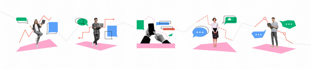 Aufkleber - Banner picture artwork collage of business people sharing news information in social media using modern technology