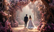 couple lover bride and groom walking under flower arch in magical secret garden, Generative Ai