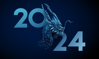 Wall Mural - Abstract blue head of dragon and number 2024. Animal Chinese symbol of the year. Low poly style.