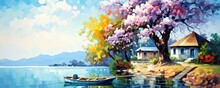 Painting Style Illustration, Small House At Lakeside With Flower Blossom Tree, Generative Ai