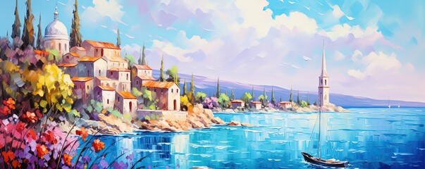 Wall Mural -  painting style illustration, coastal town with blue water blue sky, Generative Ai