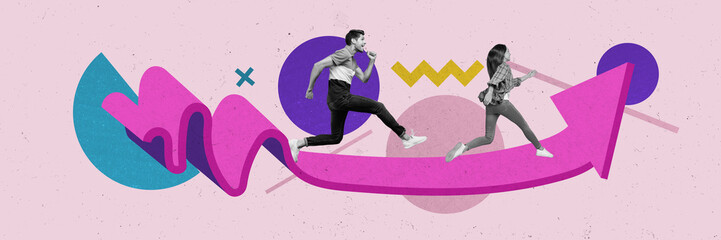 Sticker - Collage 3d sketch image of excited funky couple running fast achieving success isolated pink color background