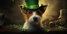 A Dog Portrait With A Hat For St. Patrick's Day, In The Style Of Fantasy Illustration. Generative AI