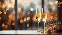 Champagne Glasses On Table With Bokeh Background