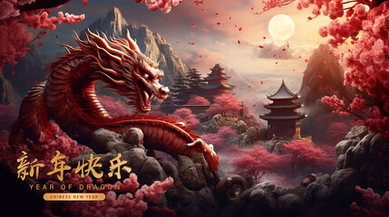 Canvas Print - Happy chinese new year 2024 the dragon zodiac sign. 