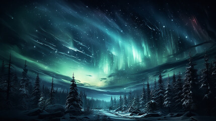 Christmas tree decoration in winter forest with northern lights in the night sky