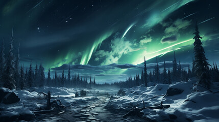 Christmas tree decoration in winter forest with northern lights in the night sky