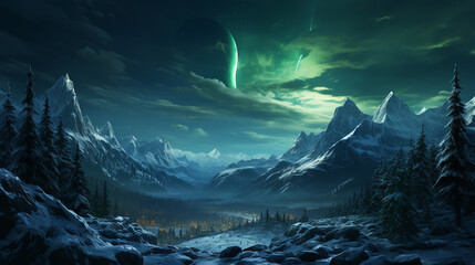 Christmas tree decoration in winter forest with northern lights in the night sky