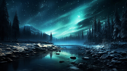 Christmas tree decoration in winter forest with northern lights in the night sky
